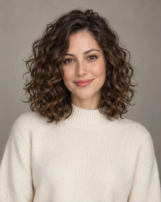 Illustrative woman with clearly defined shoulder-length soft curls